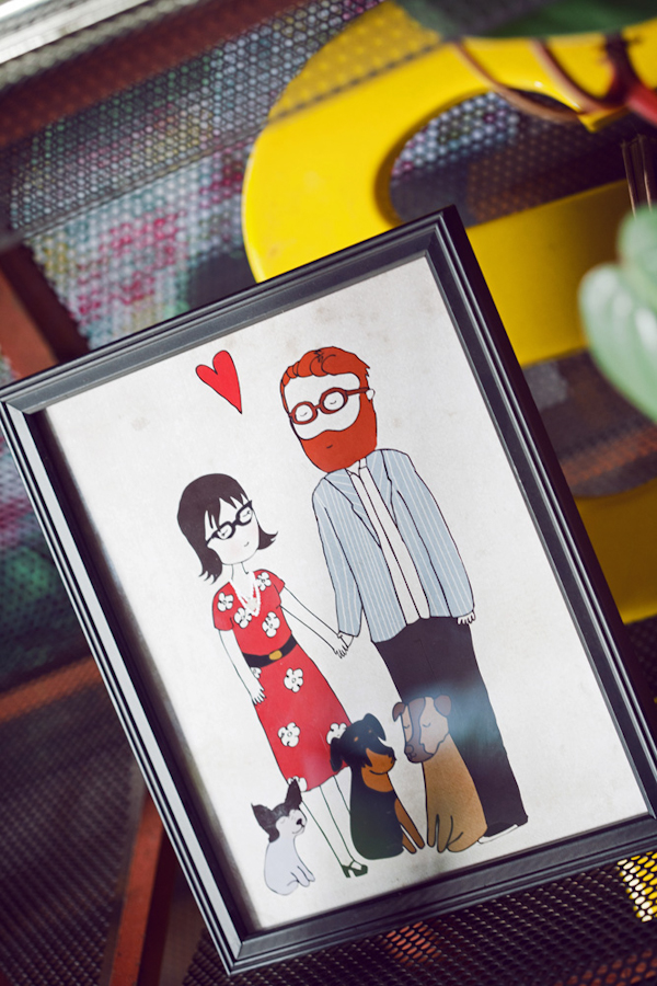 framed illustration of the bride and groom with dogs -  vintage LA wedding at The Smog Shoppe photo by top Orange County wedding photographer Duke Images